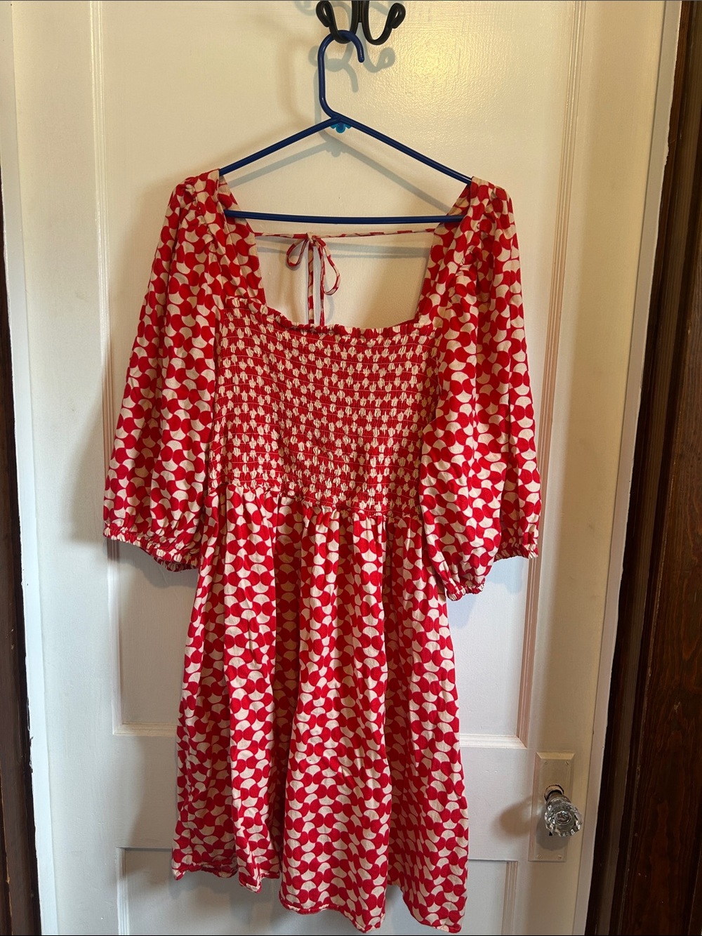 Red geometric Print Smocked women’s Dress- pockets